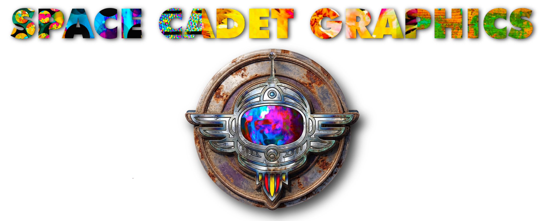 Colorful graffiti text reading 'SPACE CADET GRAFFICS' with a rusted circular emblem featuring a colorful helmeted astronaut face below.