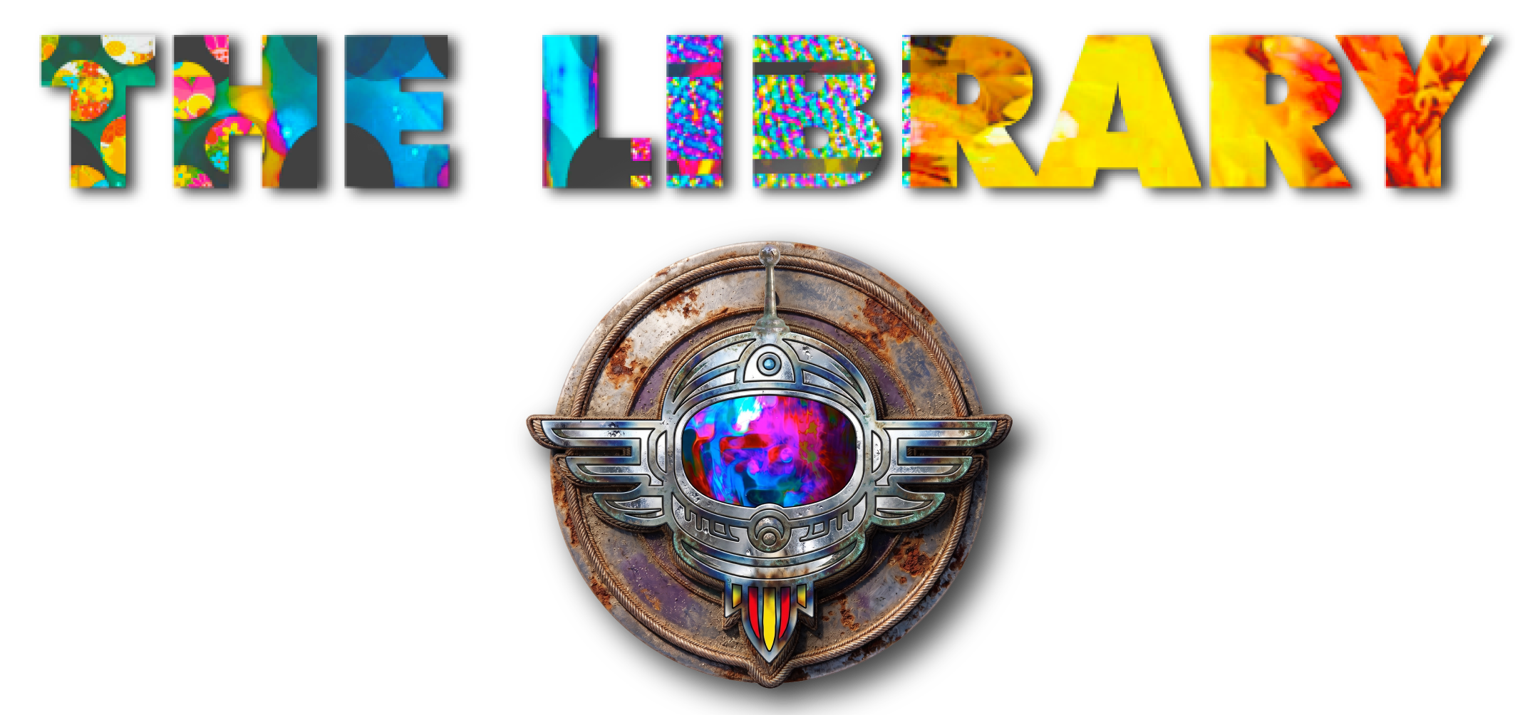 Colorful text reading 'The Library' with a metallic astronaut emblem below, set against a black background.