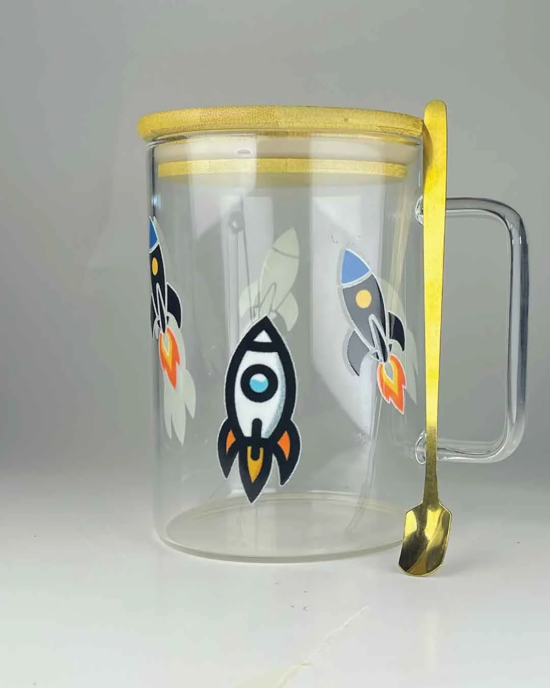 Retro Rocket Glass Mug with Bamboo Lid