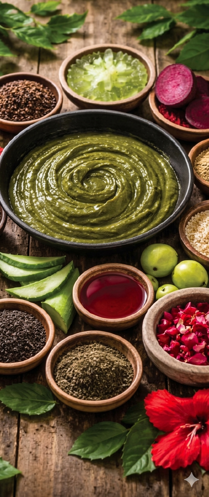 Pâte verte (probablement guacamole) dans un bol au centre, entourée de divers ingrédients tels que des tranches de concombre, des radis coupés, de l'huile rouge, des graines de sésame, des graines de lin, des herbes moulues, des petits pommiers, des pétales de rose et des feuilles vertes, le tout disposé sur une surface en bois rustique.