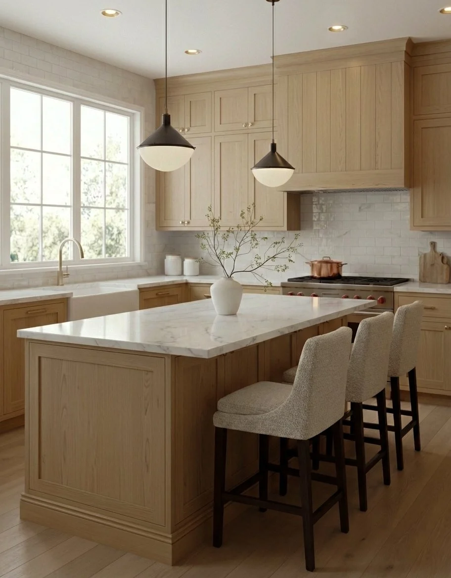 Modern kitchen with light wood cabinets, white subway tile backsplash, a large window, a marble kitchen island with beige upholstered chairs, pendant lighting, and a potted plant on the island.