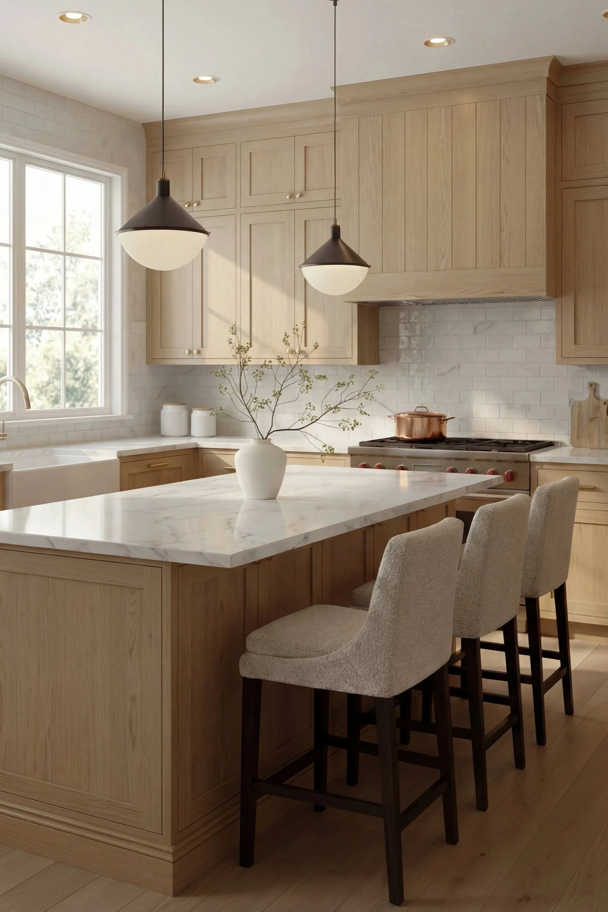 A modern kitchen with rift white oak wood cabinetry, white marble countertops. Two pendant lights hanging above the island, a large window letting in natural light, custom cabinets, tongue groove hood, inset cabinets.