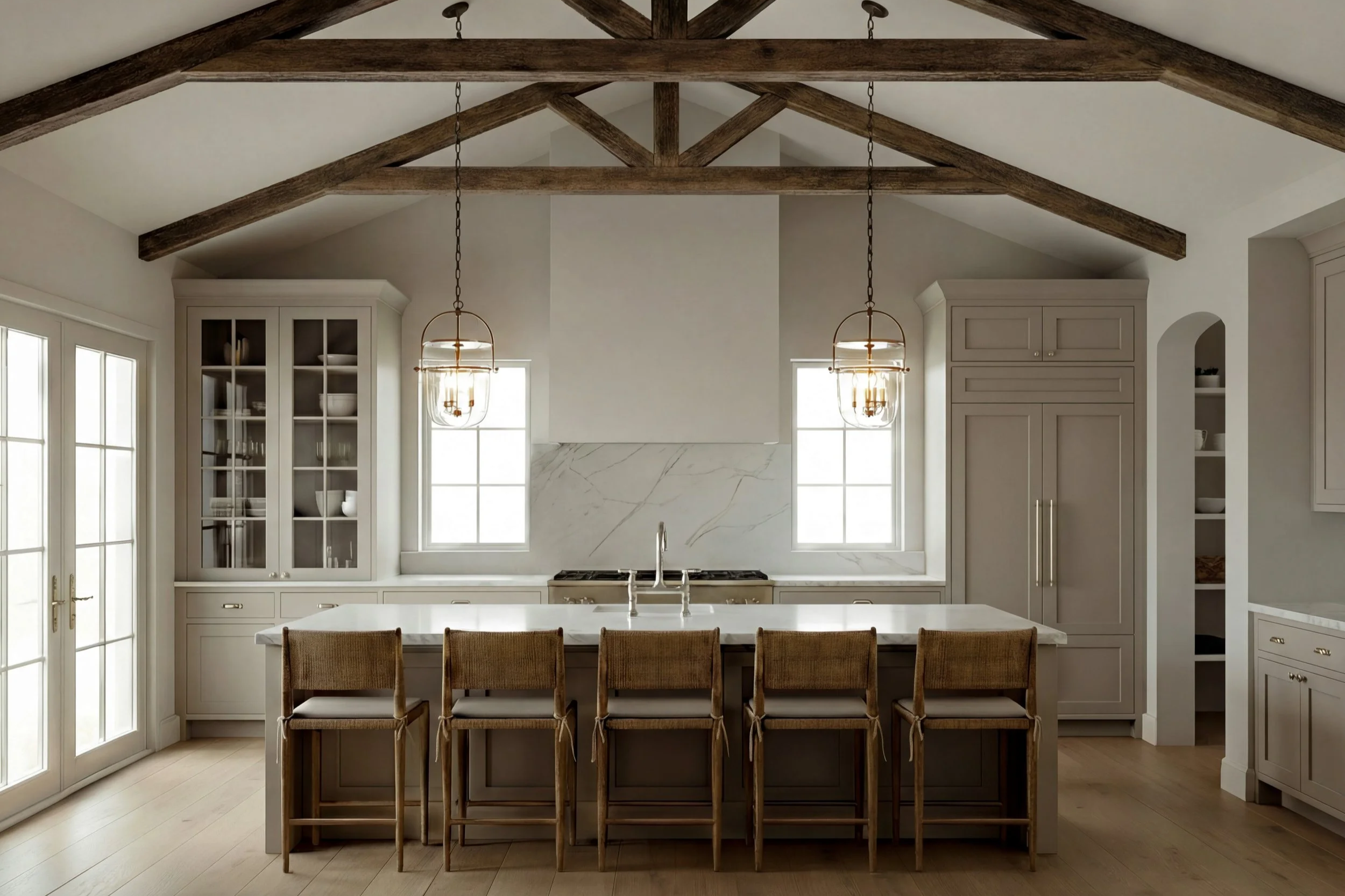 Modern kitchen with white cabinetry, marble backsplash, wooden ceiling beams, large island with five brown woven chairs, glass-front cabinets on the left, and pendant lighting.
