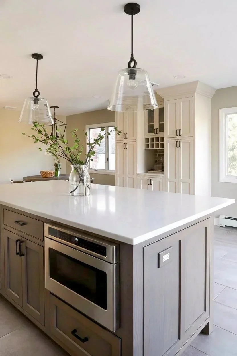 Modern kitchen with a gray island, white countertops, and pendant lights with glass shades. There is a vase with branches and leaves on the island. In the background, there are white cabinets and windows.