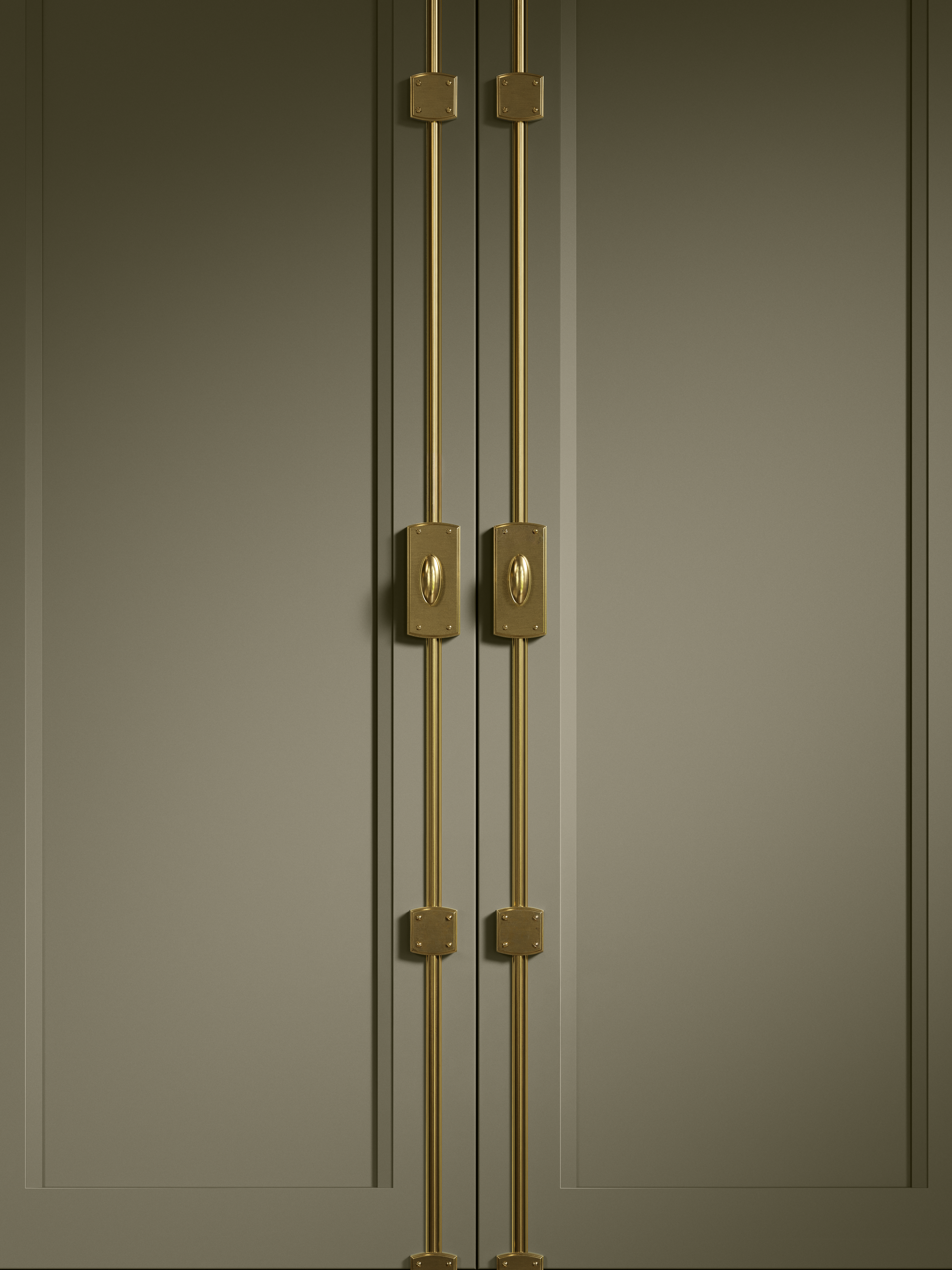 Close-up of double gray doors with gold handles and long vertical gold accents.