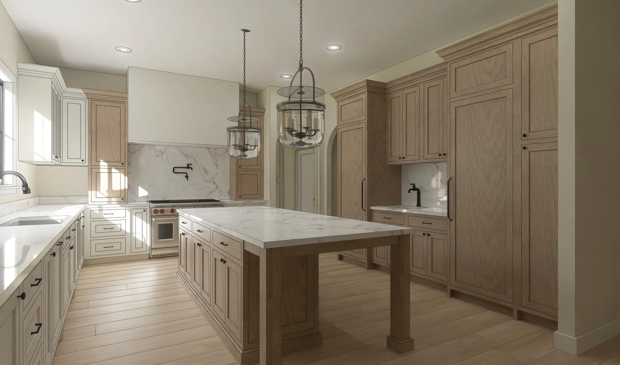 A modern kitchen with light wood cabinets, a marble countertop, and pendant lights hanging over a central island.