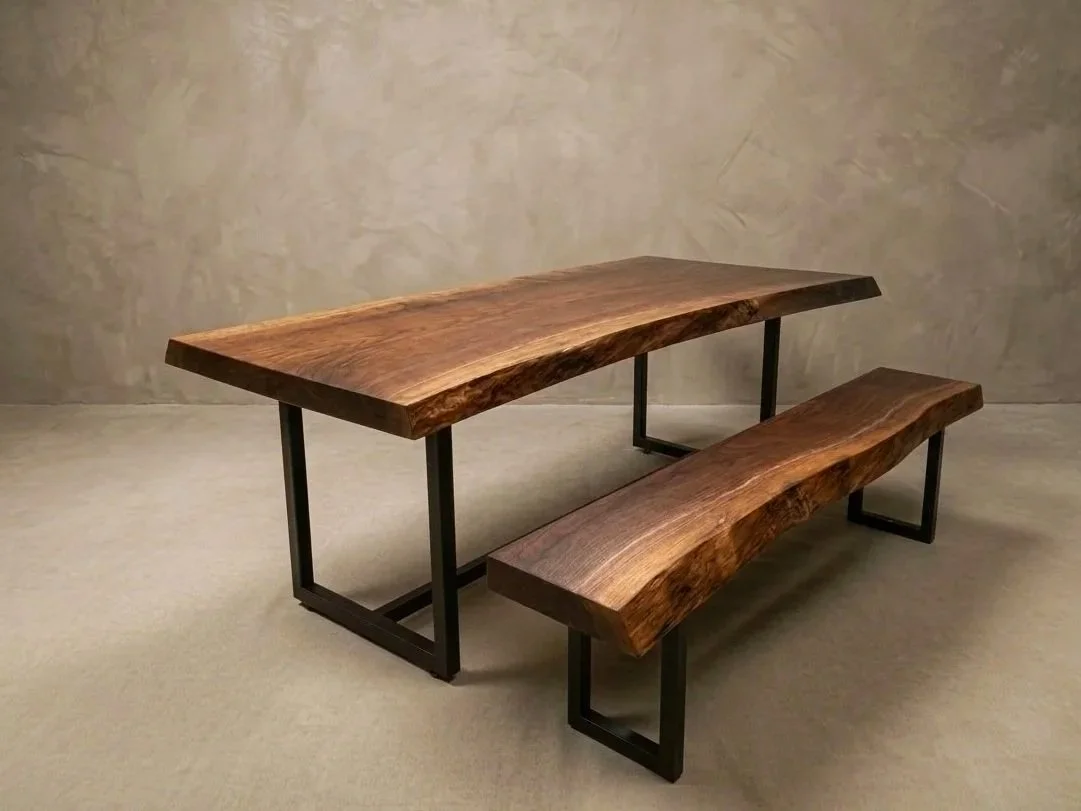 Oregon Black Walnut Live-Edge Dining Table with Steel Legs + Matching Bench, 2025