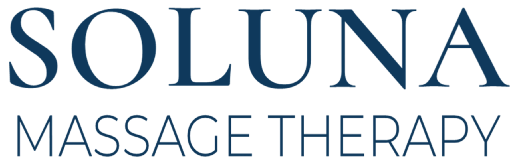 Logo for Soluna Massage Therapy with blue text on a transparent background.