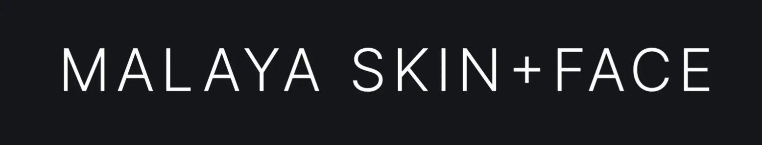 Logo for Malaya Skin + Face in white text with a black background.