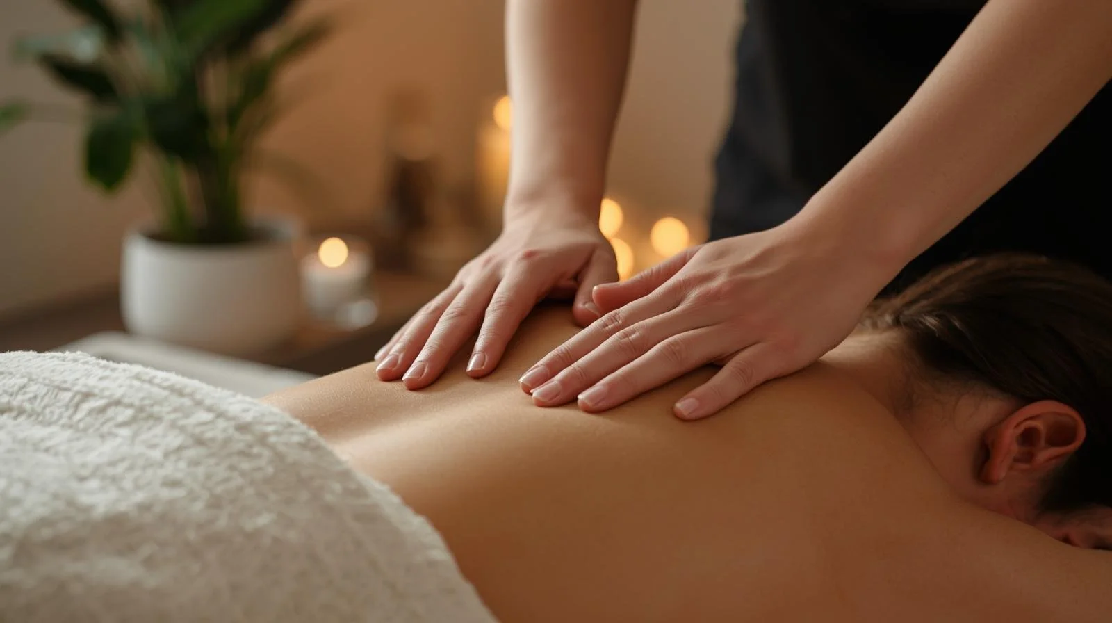 Massage therapist giving a back massage to a person lying on a massage table in a dimly lit room with candles and a potted plant in the background.