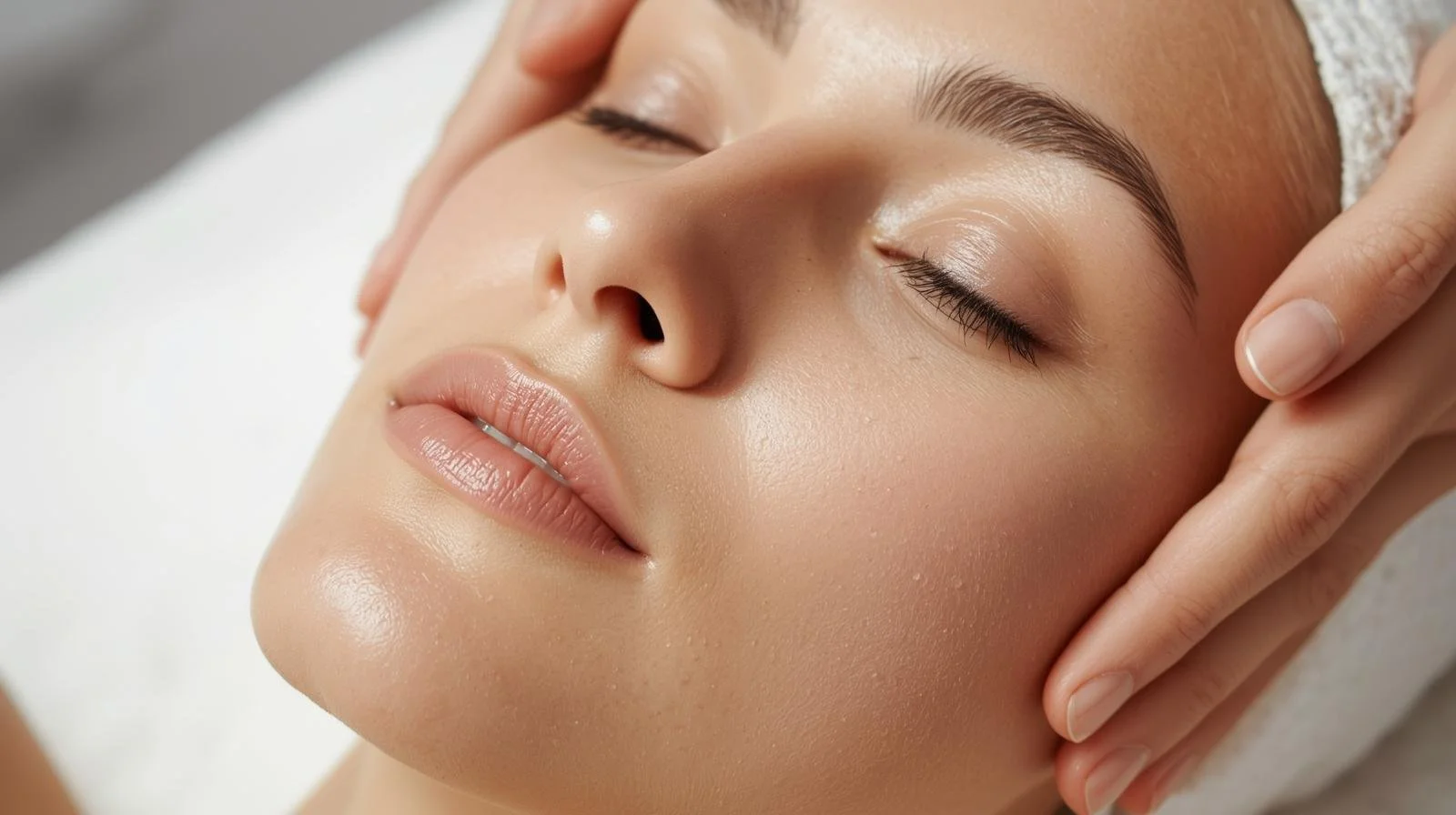 Close-up of a woman receiving a facial massage, with her eyes closed and a relaxed expression.