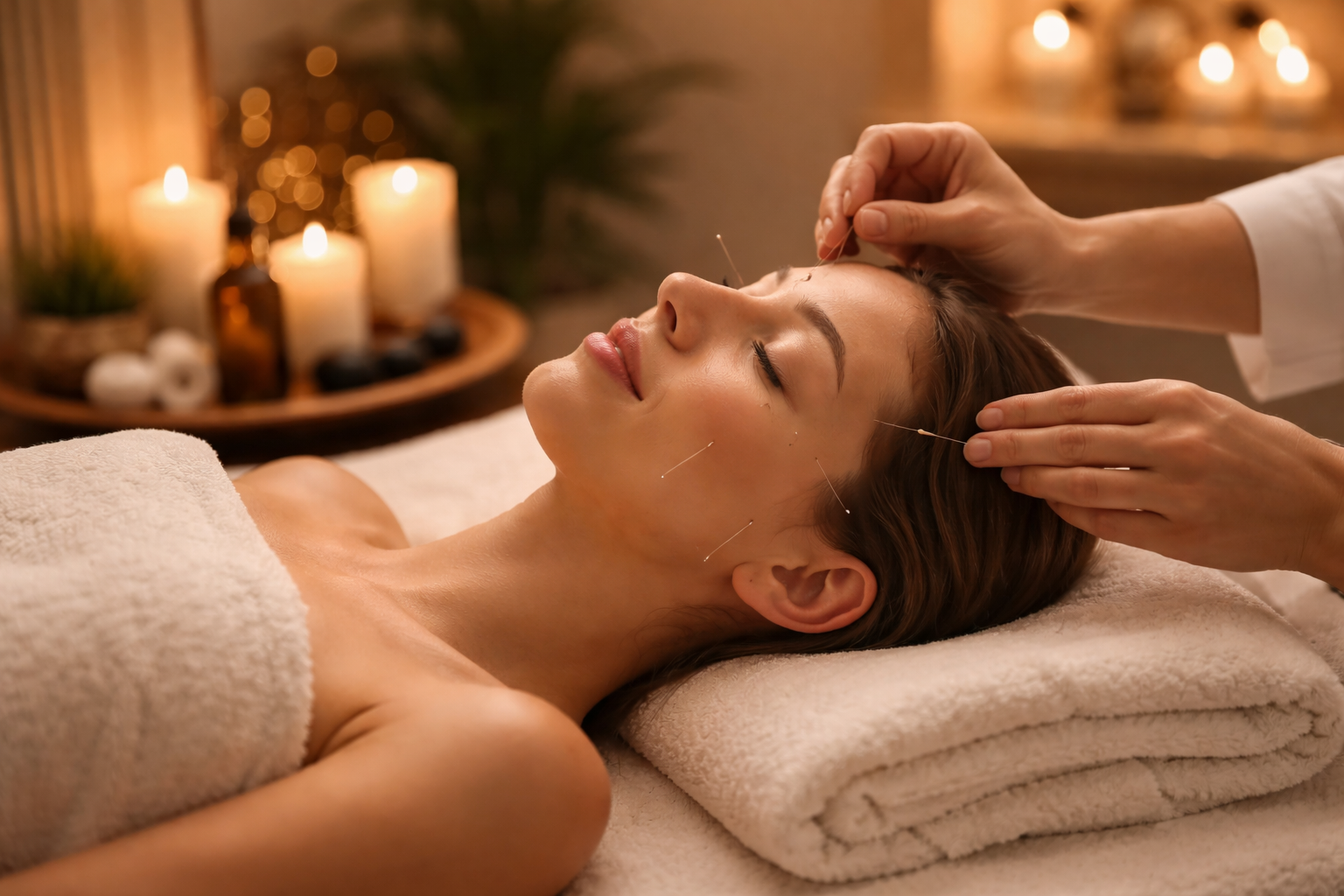 A woman receiving acupuncture treatment, lying on her back with eyes closed, in a dimly lit room with candles and essential oils on a tray in the background.