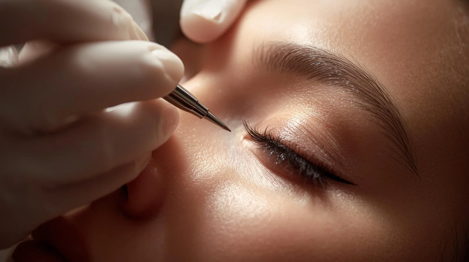 A person receiving an eyelash tattoo procedure with a needle near the closed eye and well-groomed eyebrow.