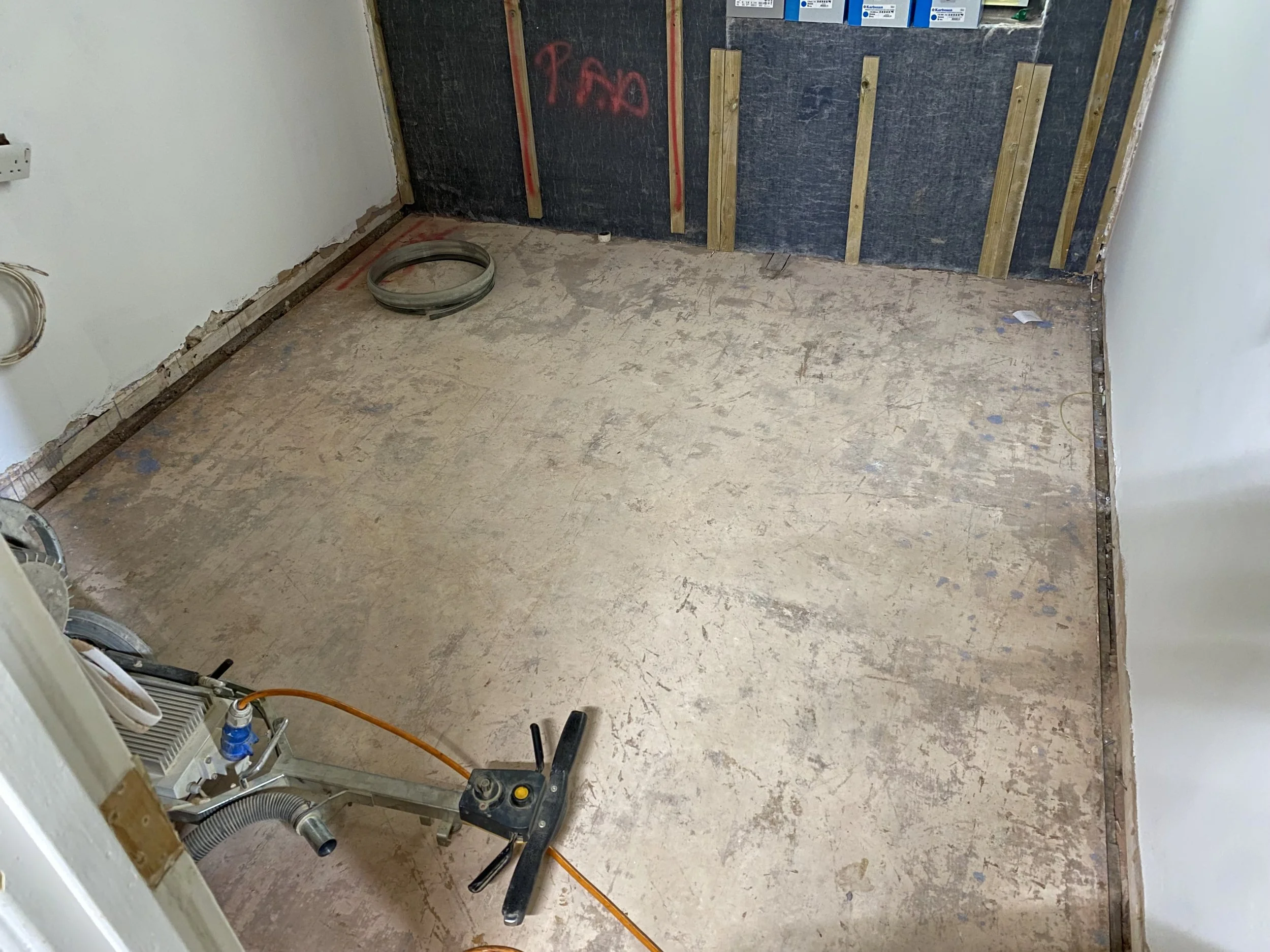 Wood floor post sanding following carpet tile and adhesive removal at Florence Boot Hall accommodation, University of Nottingham