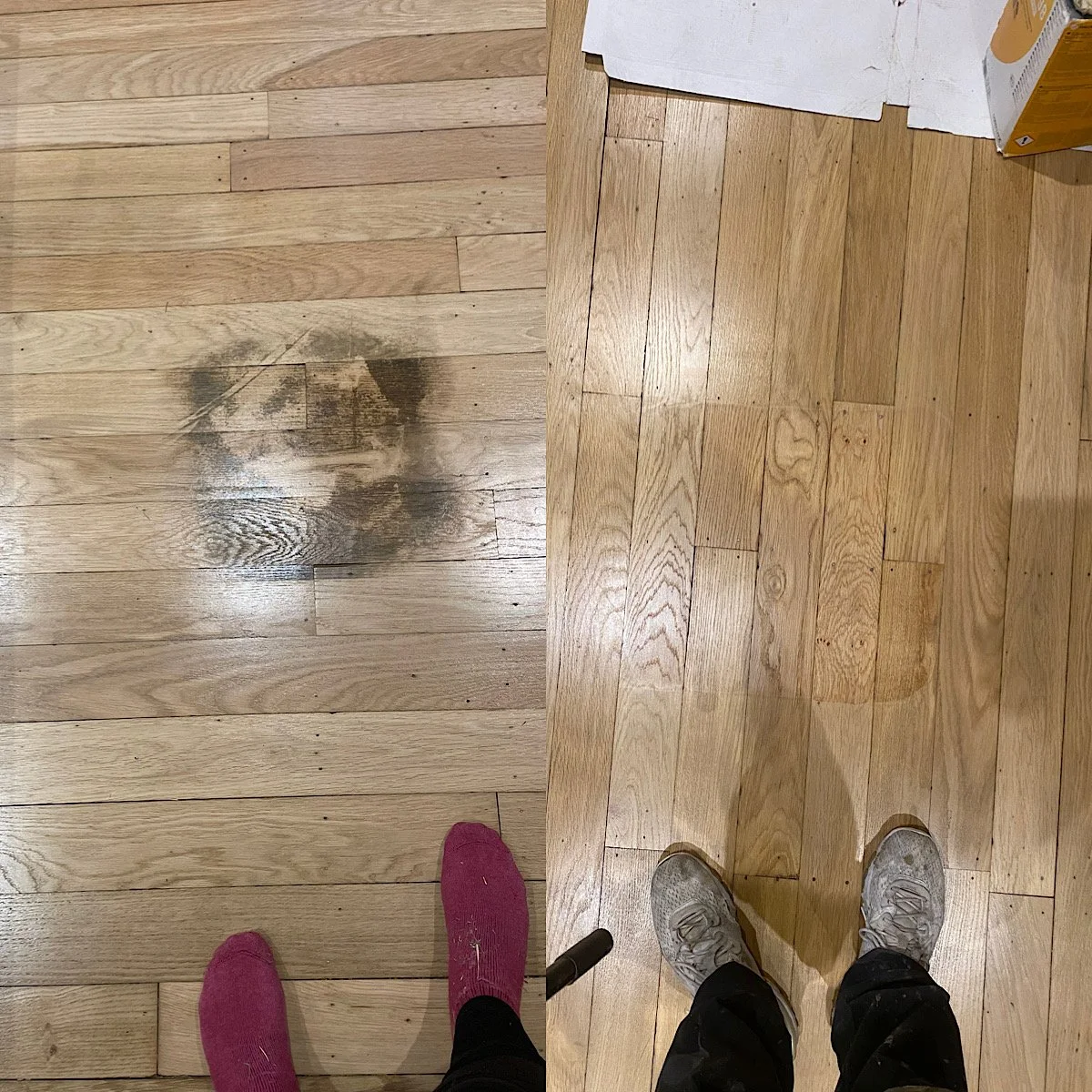 Localised sanding repair to a nailed solid oak strip floor in Amersham, Buckinghamshire.