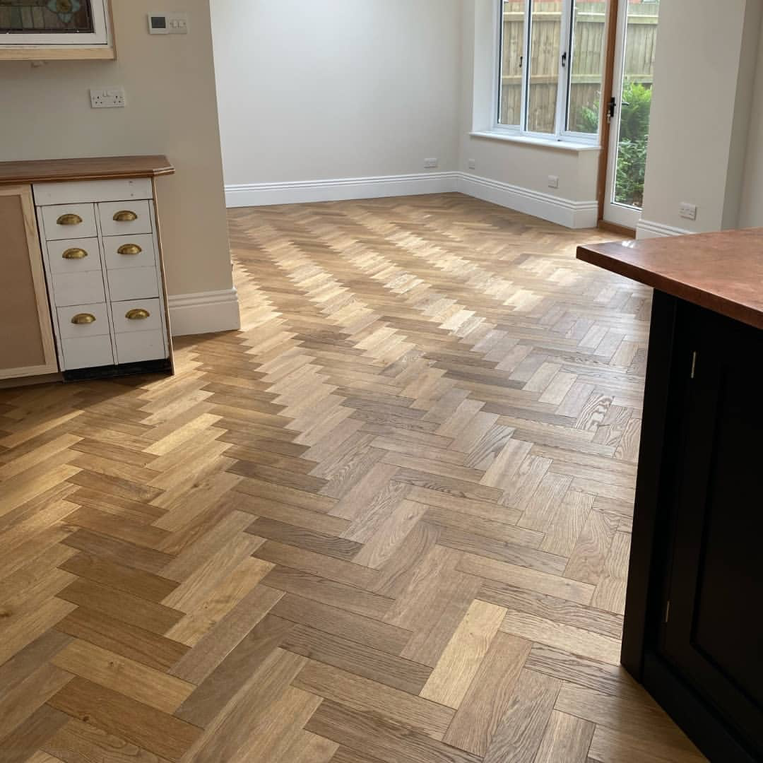 Herringbone parquet flooring installation in Harborne, Birmingham, West Midlands by Eldgrén