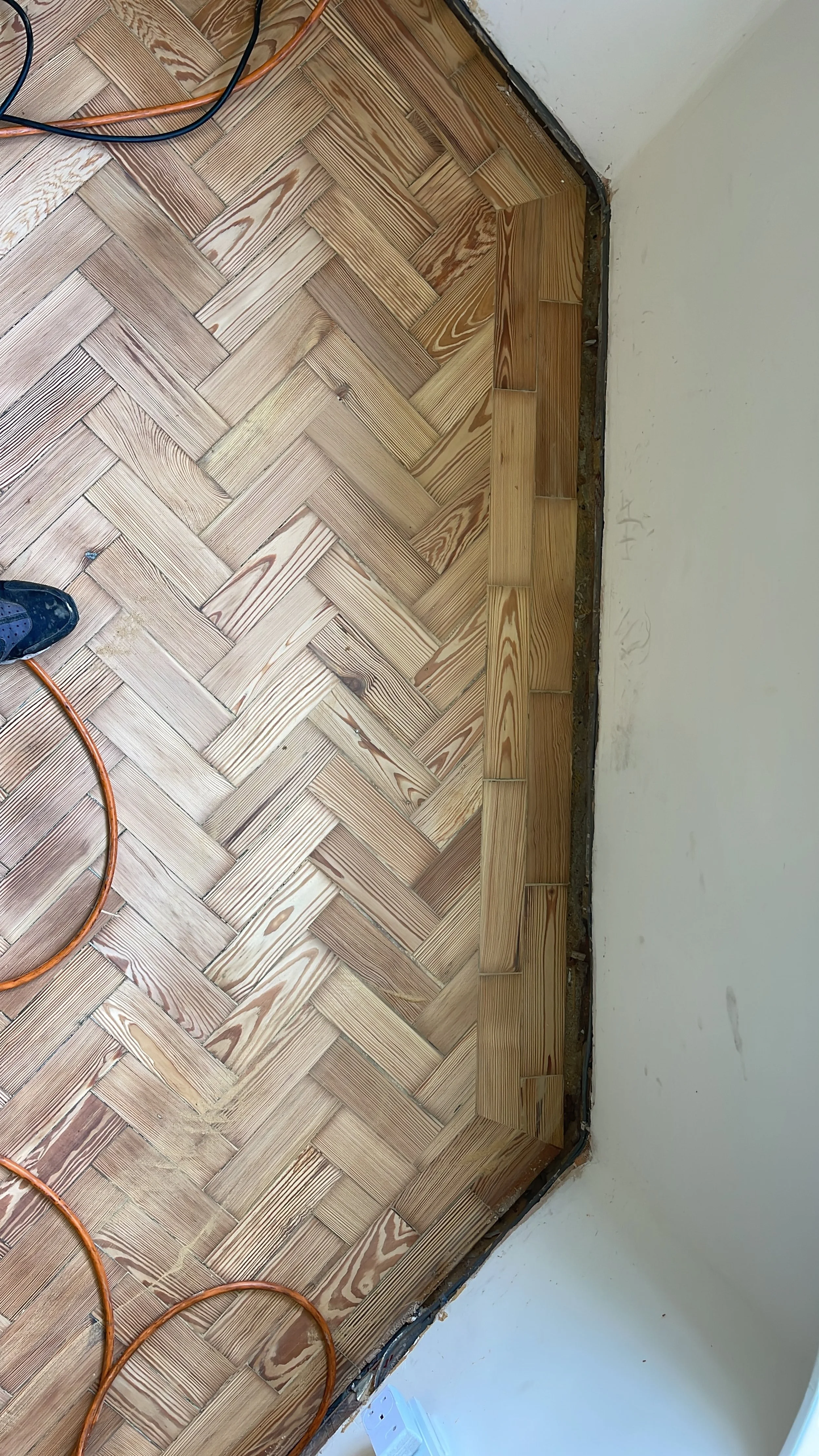 Pine herringbone parquet floor after repair, sanded and filled to a seamless finish before final coating, Harborne Birmingham