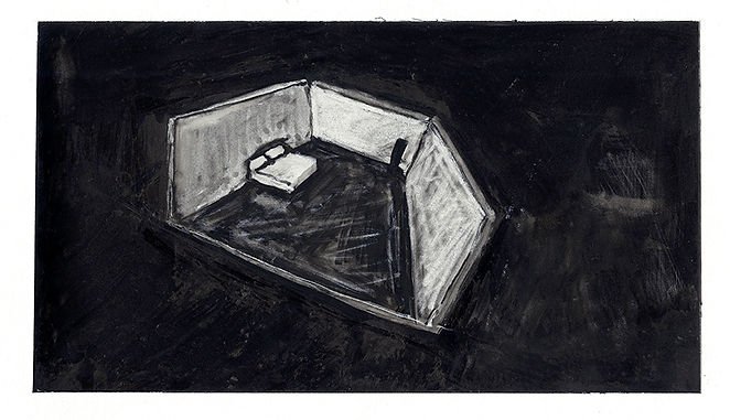 A simple black and white drawing of a small room with an unmade bed and a side table, viewed from an overhead perspective.