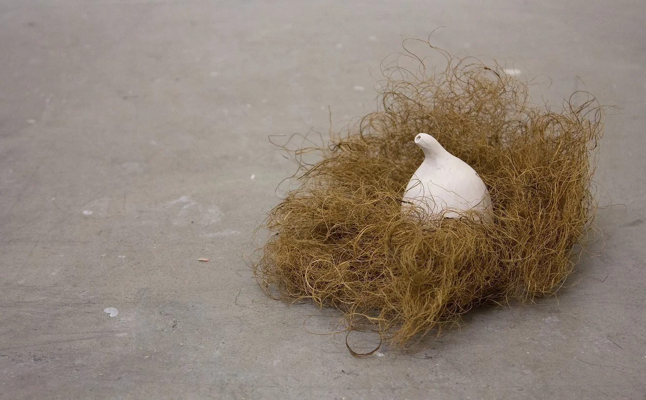 A white ceramic pot placed inside a nest made of brown curly straw or fibers on a gray textured surface.