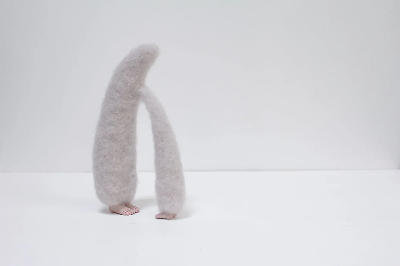 Two fuzzy, elongated objects resembling limbs or arms, with tiny feet at the base, positioned against a plain white background.