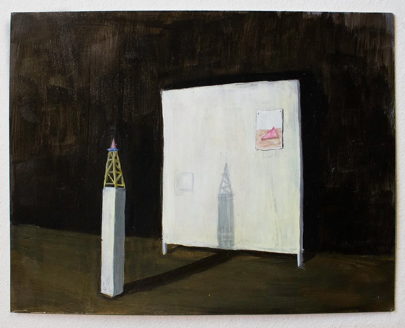 A painting depicting a dark interior with white walls and a dark ceiling. There are two rectangular pillars, one with a small pink object on top, possibly a sculpture or model, and a large doorway or opening with a faint shadow of a tower or tall str