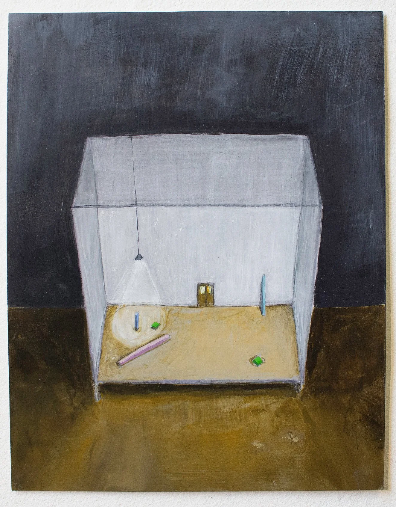 A painting of an empty white room with three walls, a hanging light bulb, and objects on the wooden floor, including bottles, a ruler, and paper, with a dark background.