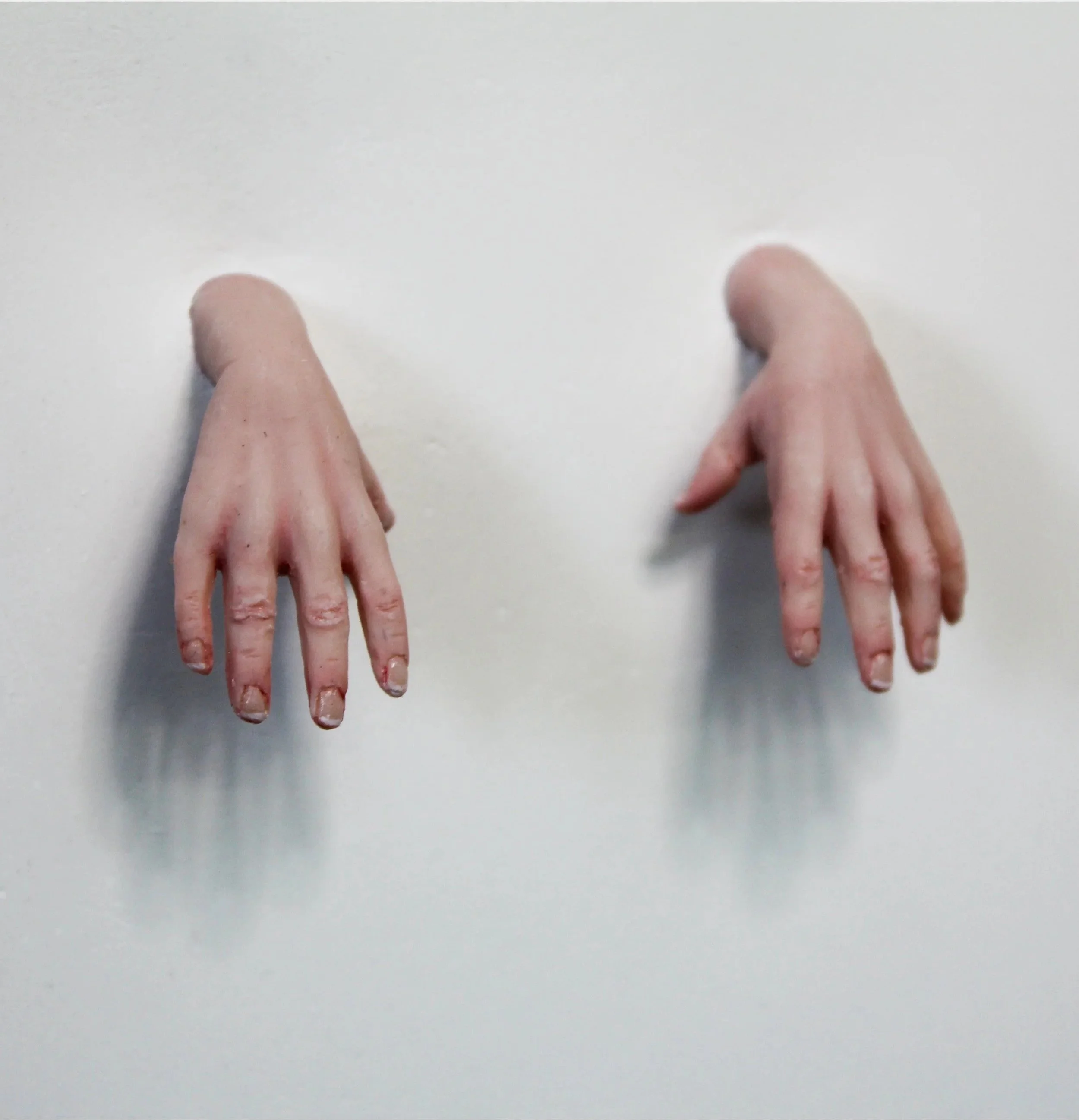 A pair of disembodied human hands with visible fingers and nails, attached to arm stumps, mounted on a plain white wall.