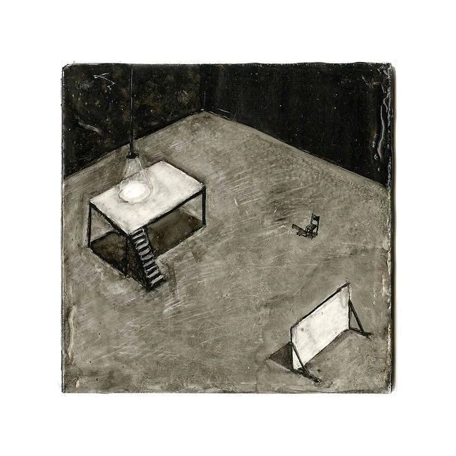 A black and white painting of an empty room with a single hanging bulb, a small platform with a ladder leading up to it, a small chair, and a blank board leaning against the wall.