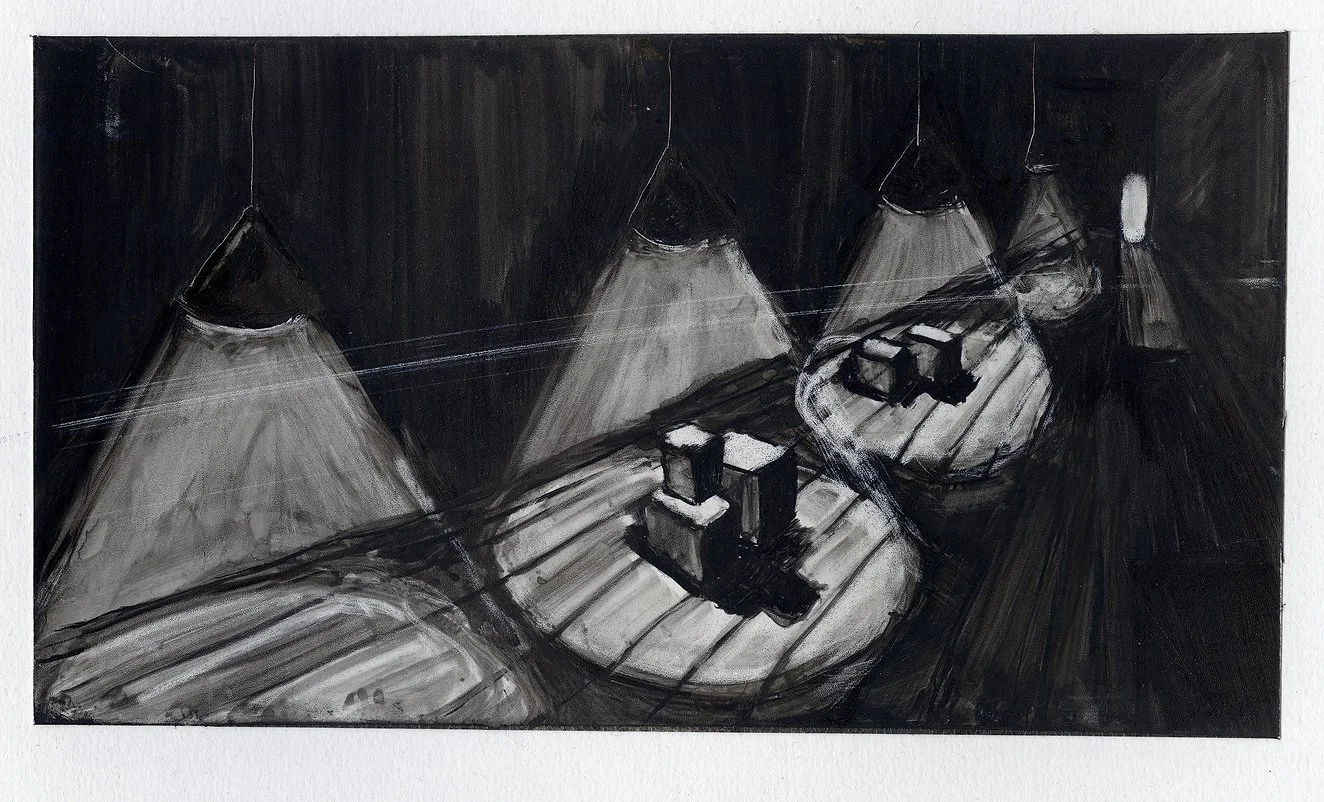 A black and white abstract painting of a scene with a shadowy, distorted landscape featuring mountains or tents and small structures on a boardwalk or deck, with a dark background.