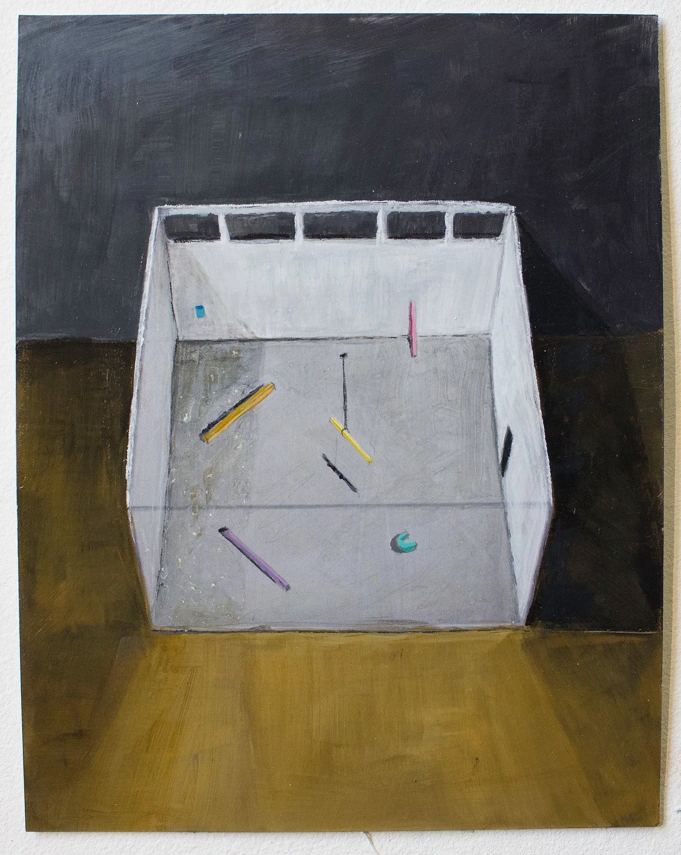 A painted depiction of a small exhibition with scattered coloured rectangular shapes