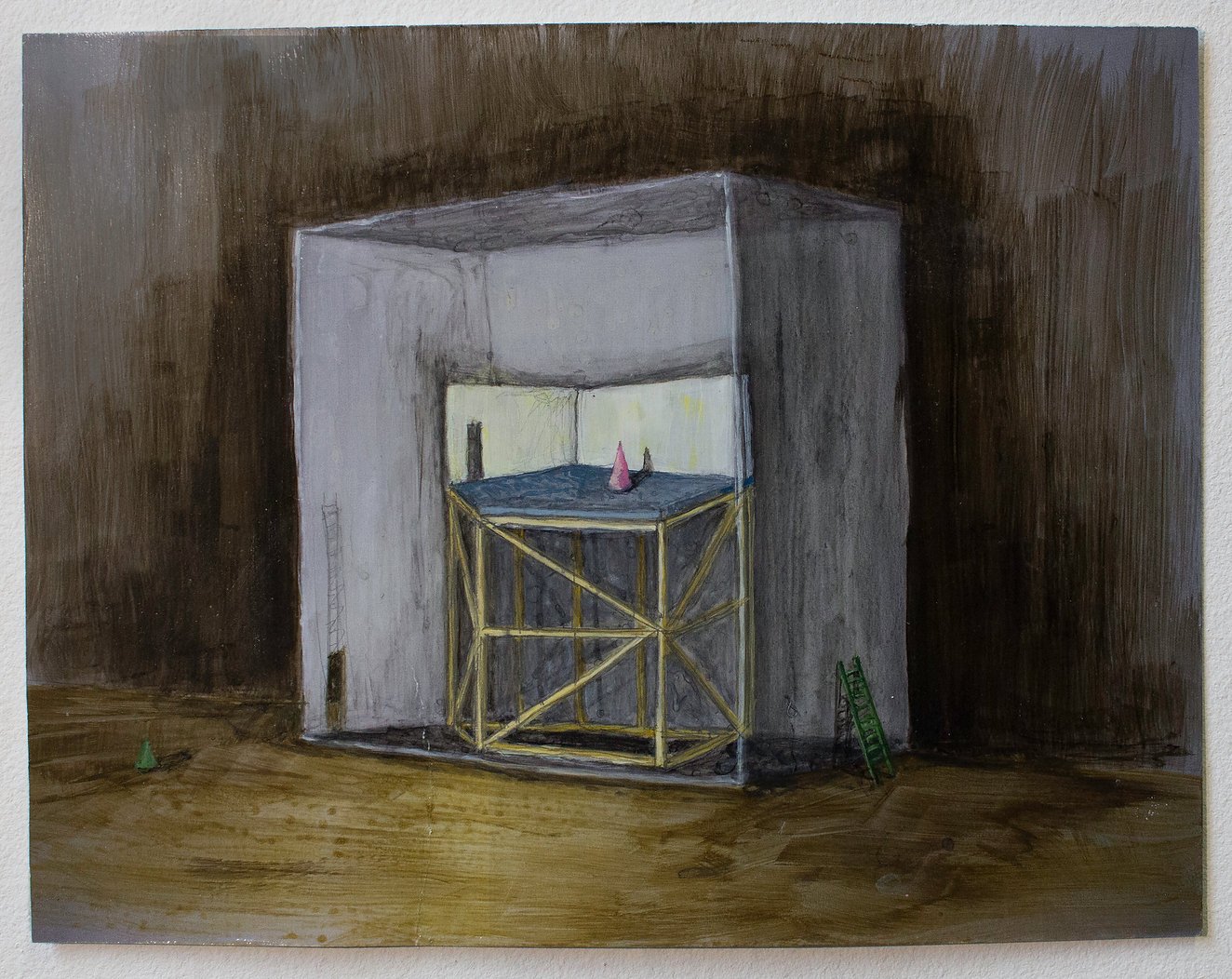 A painting of an unfinished room with a gray box structure, a small table on top, pink and black objects, a green ladder leaning against the side, and a green cone on the floor, all against dark brown and gray walls.