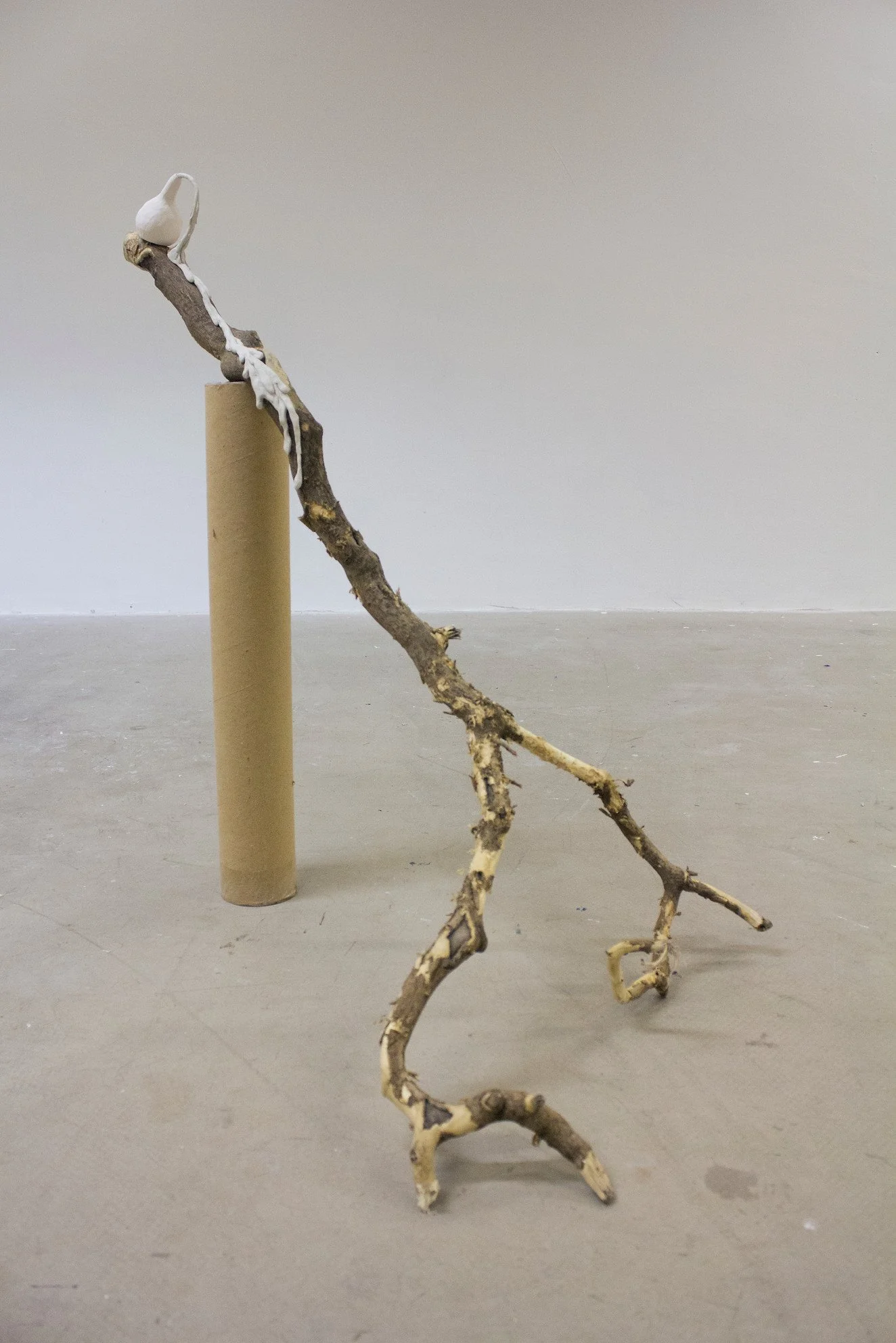A dried, twisted tree branch leaning against a beige cylindrical stand, with a small white jug on top of the branch pouring white liquid, creating a flowing effect.