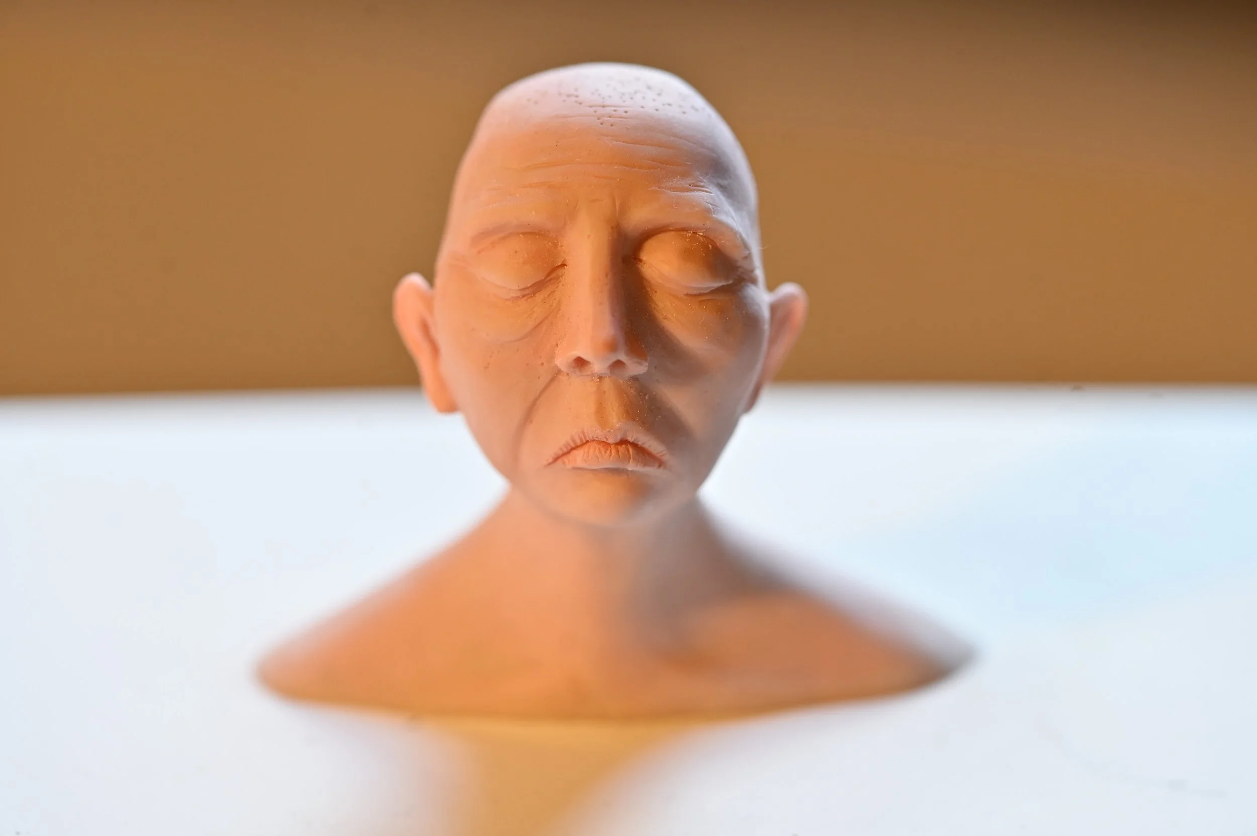A sculpture of an elderly person's head with closed eyes and a solemn expression.