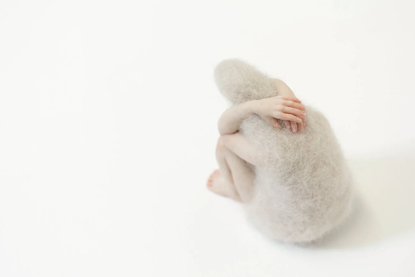 A tiny, curled felted figure on a white background.