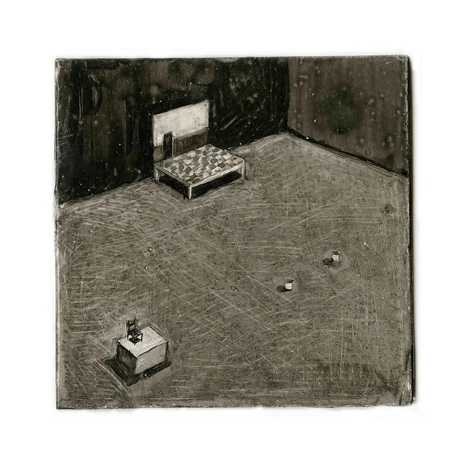 A monochrome painting of a sparse room with a small platform against the back wall, a small table with a chair in front of it near the foreground, and two small objects on the floor.