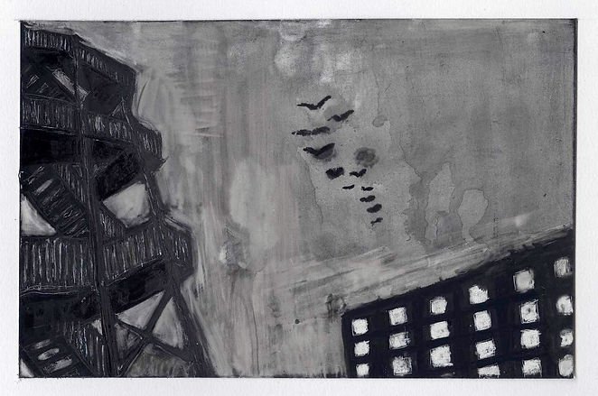 Black and white painting of a building's exterior with balconies, and a dark grid-like structure, with birds flying in the sky above.