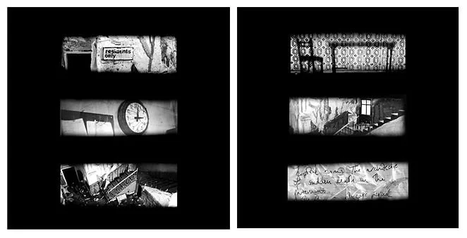 A film strip with black and white images, including a sign that says 'residents only,' a clock, an interior with patterned wallpaper, a window, and handwritten notes.