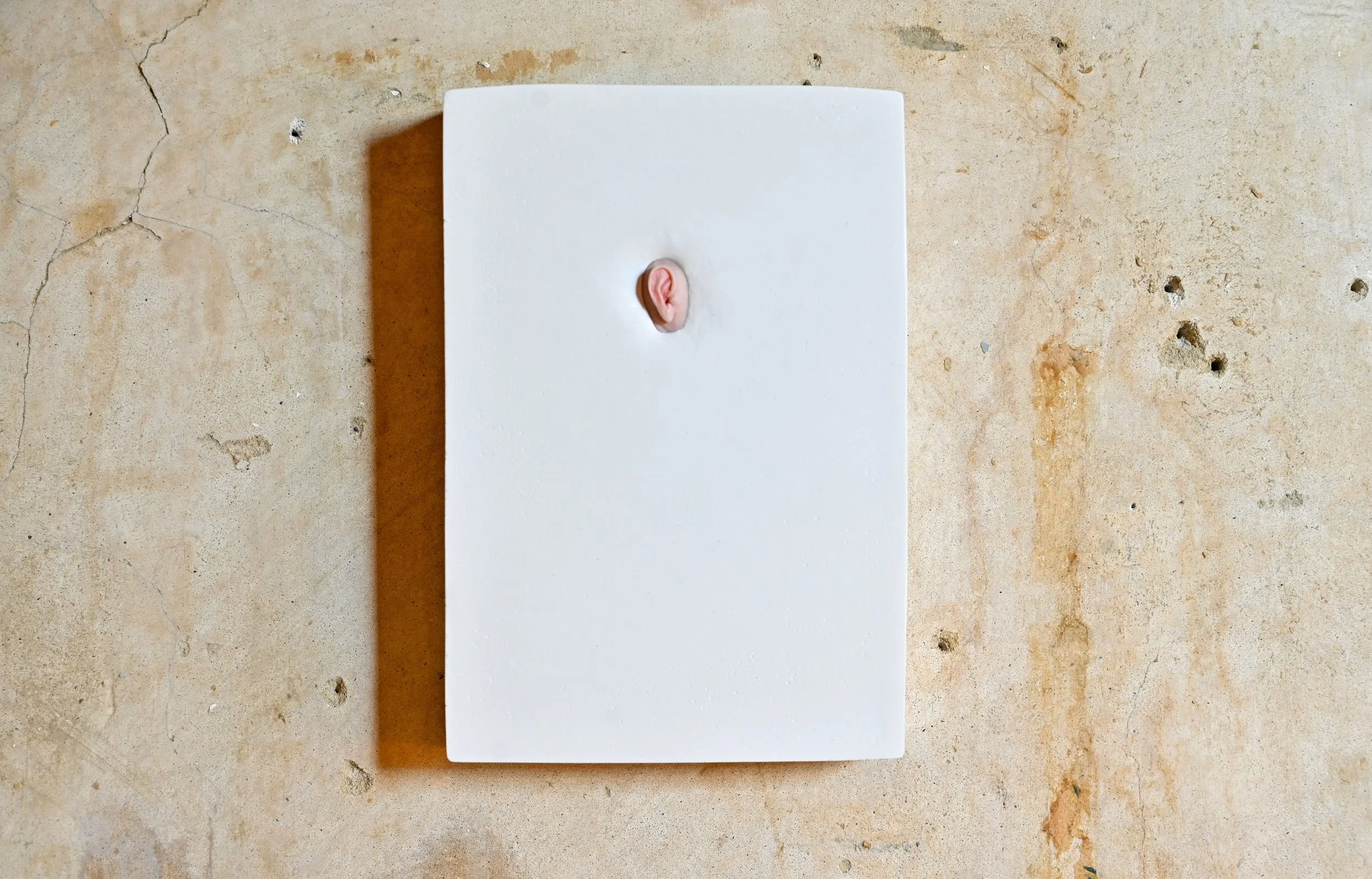 A white plaster block with a small human ear placed in the centre, on a textured beige surface.