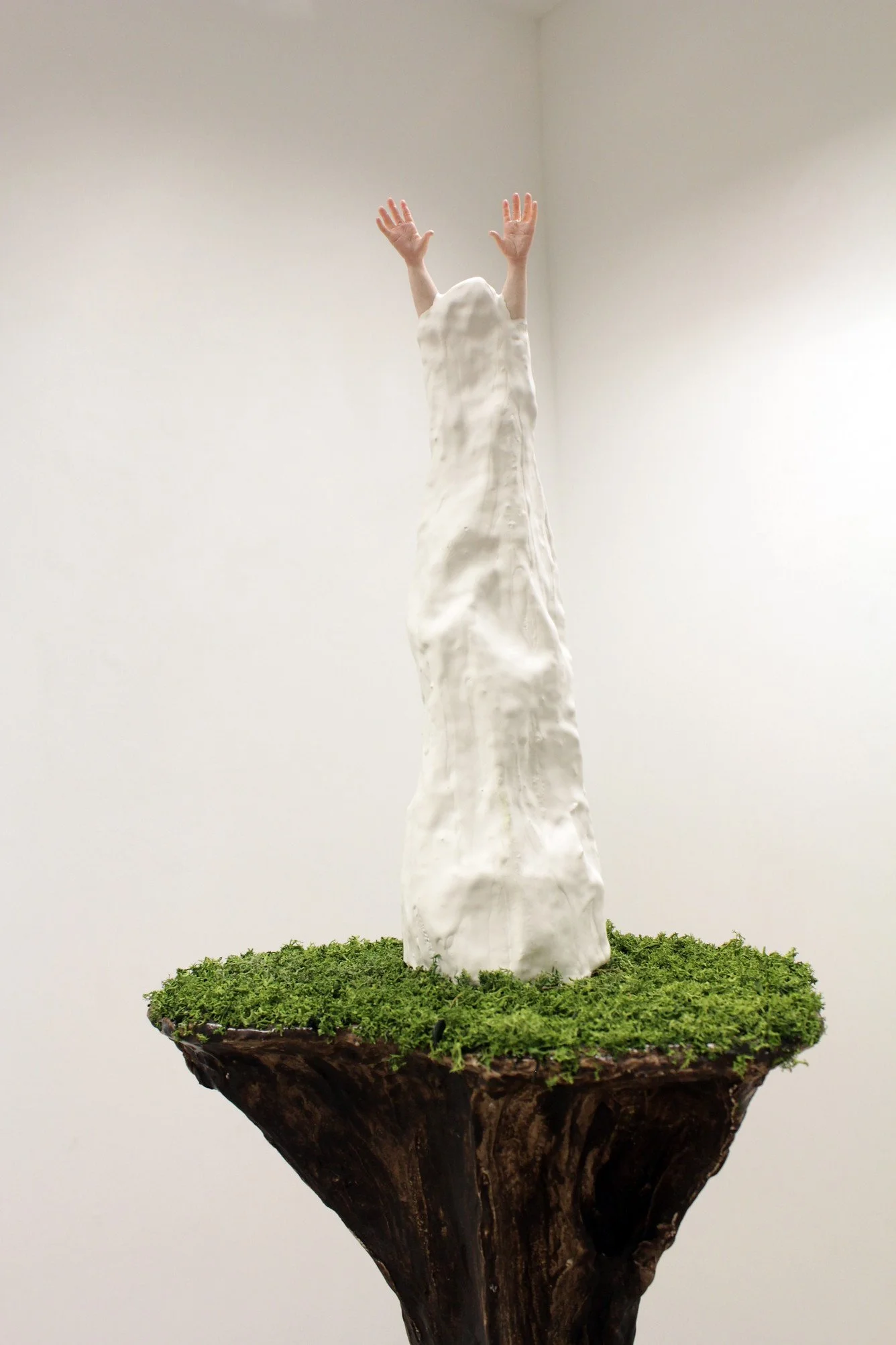 Art sculpture of two hands reaching up from a white textured hand sculpture on a piece of floating wood, surrounded by green moss on a white background.