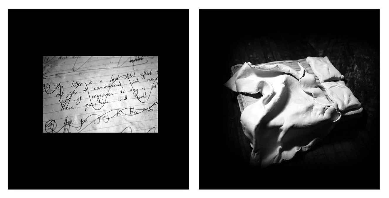 A split-screen image with the left side showing a handwritten letter on lined paper, and the right side displaying a folded white garment or fabric on a dark surface.