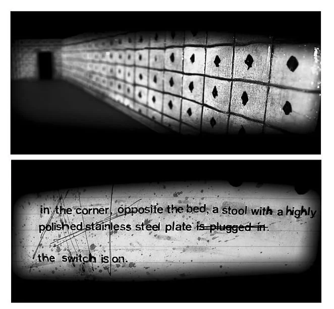 Black and white photo of a long wall of small drawers with diamond-shaped openings and a second image showing a close-up of a wooden surface with scratched text about a nearby switch.