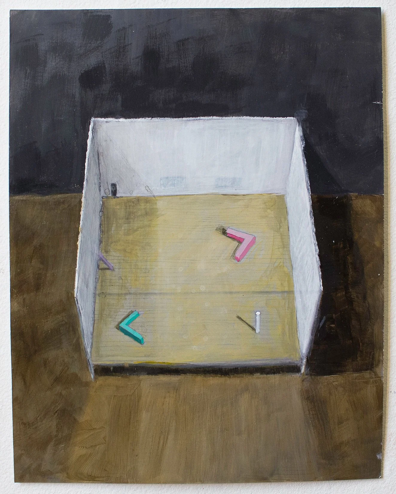 A painting of an empty cardboard box with three colorful T-shaped objects and one white cylindrical object inside, on a wooden floor with a dark background.