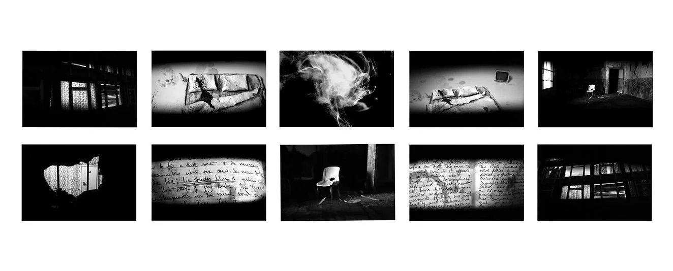 A collage of ten black and white photographs depicting abandoned and decayed interiors, furniture, handwritten notes, and elements of neglect and disrepair.