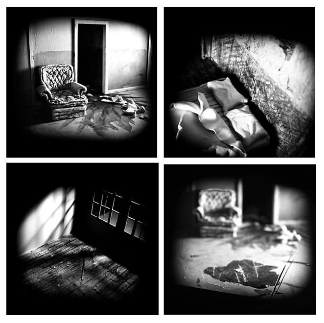 Four black and white photos of an abandoned, dilapidated room with a worn-out armchair, a bed with shattered pillows and sheets, a dusty floor with cracked paint, and a window casting shadows.