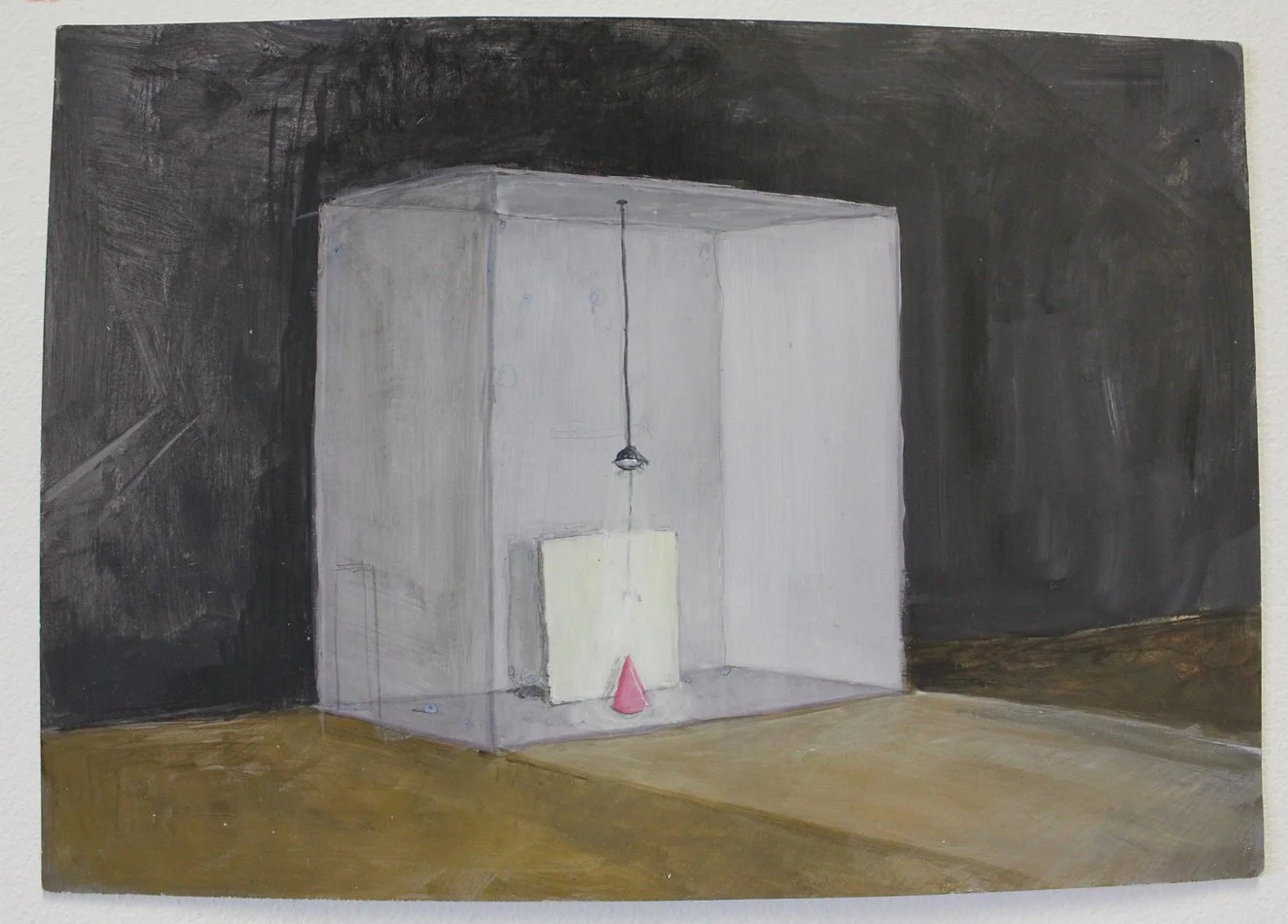 Painting of a dark room with a white, cube-shaped structure in the center. Hanging from the ceiling into a small, enclosed space is a black pendant lamp. In front of the structure, there is a white square object and a pink cone-shaped object on the f