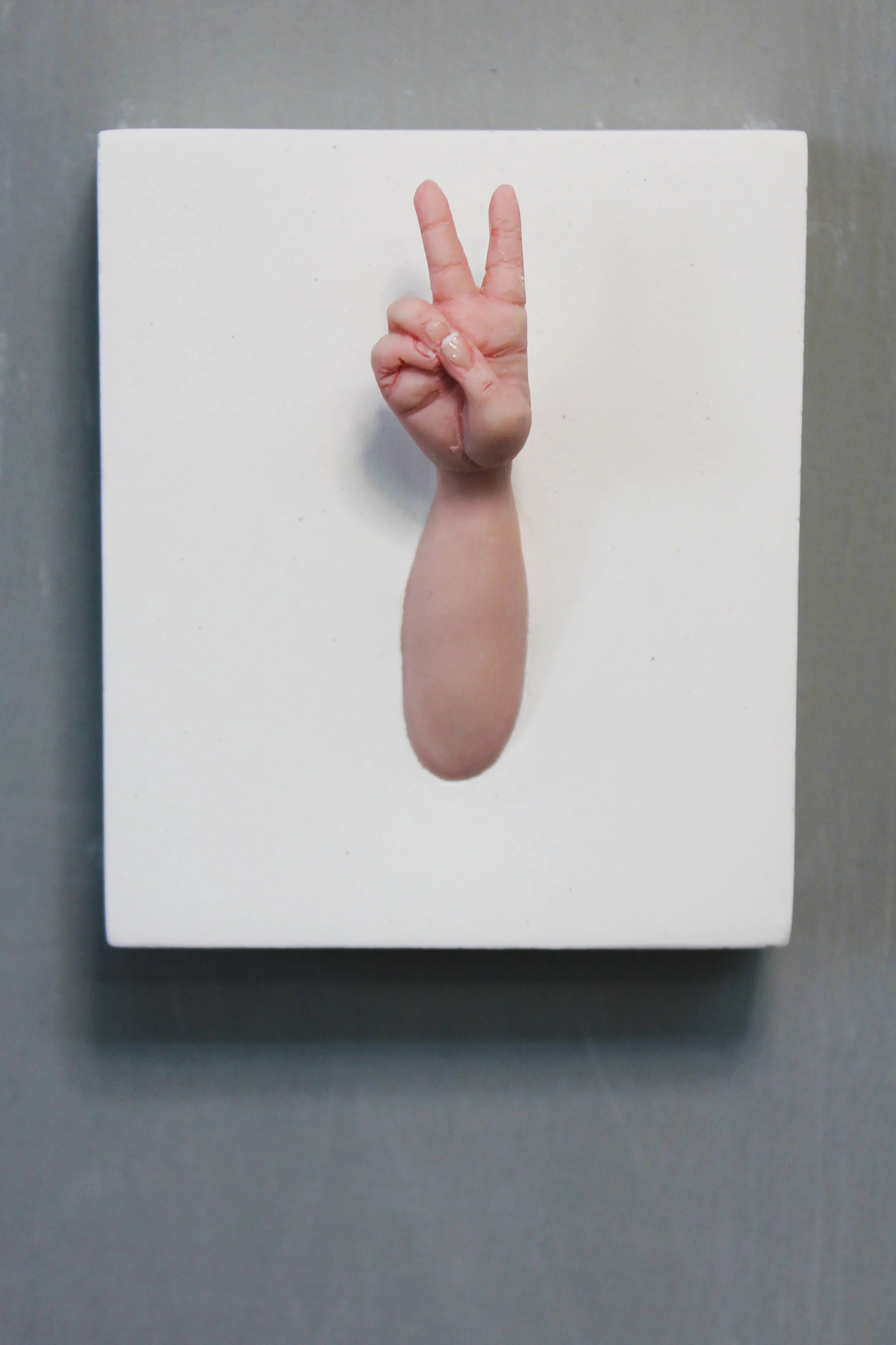 Mixed media artwork of a real human hand making a peace sign, protruding from a painted, stylized animal-like body on a white canvas.