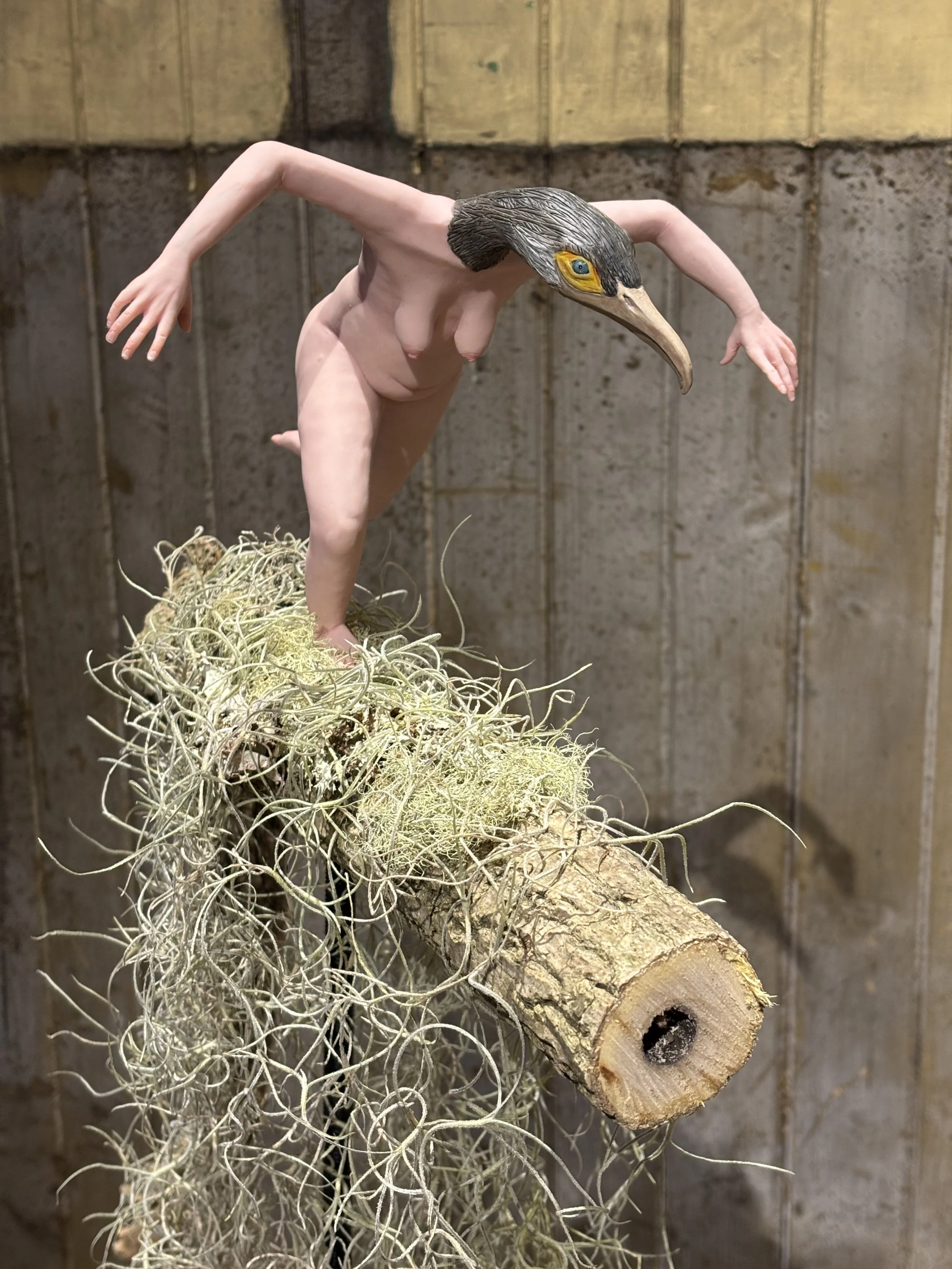 A humanoid sculpture with a bird's head and human body balancing on a branch with moss and Spanish moss, against a wooden wall background.