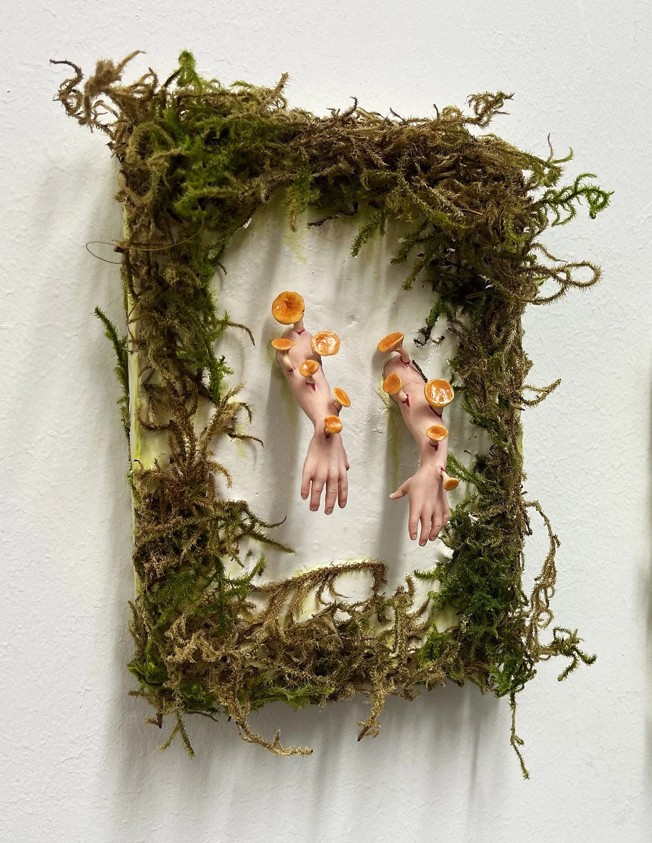 Mixed media art piece featuring two human hands with small orange mushrooms growing on their wrists, framed by moss and greenery on a rectangular background.