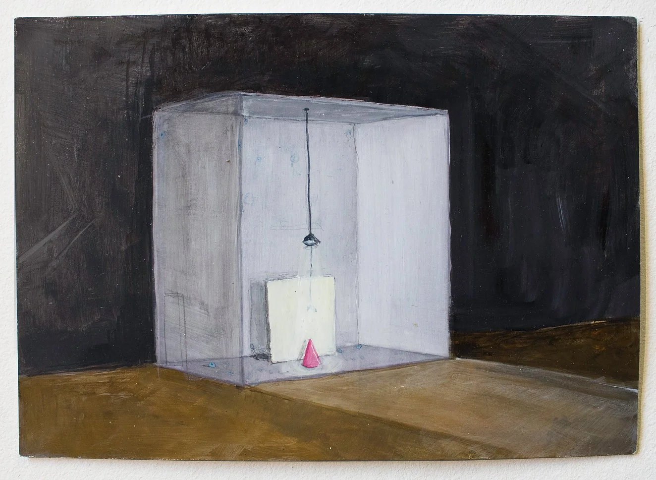 A painting of a small white room with a black background, featuring a table with a pink cone, a yellow rectangle, and a hanging black object.