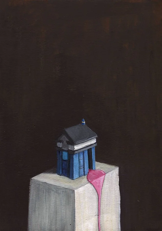 A small model structure resembling a classical temple with blue columns and a dark roof, placed on a white pedestal. Pink paint drips from the pedestal onto the surface below. The background is solid black.